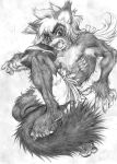 anthro bottomwear claws clothed clothing fangs felid feline food fur greyscale hair looking_at_viewer male mammal marudi meat_on_bone monochrome muscular muscular_anthro muscular_male open_mouth shorts simple_background solo tail teeth tongue traditional_media_(artwork) white_background