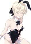  1girl alternate_costume animal_ears artoria_pendragon_(fate) blonde_hair braid breasts cleavage detached_collar dress fake_animal_ears fate/grand_order fate_(series) hair_ribbon highres leotard licking_lips medium_breasts okuma707 playboy_bunny rabbit_ears rabbit_girl ribbon saber_alter short_hair simple_background solo strapless strapless_leotard tongue tongue_out white_background wrist_cuffs yellow_eyes 