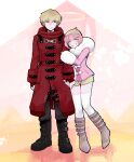  1boy 1girl andou_ruruka arm_hug arms_at_sides bangs black_footwear black_pants blonde_hair boots bow brown_footwear coat commentary_request danganronpa_(series) danganronpa_3_(anime) eyebrows_visible_through_hair fur-trimmed_jacket fur_trim gloves grin hair_between_eyes hat izayoi_sounosuke jacket knee_boots looking_at_another pants pantyhose pink_hair pink_jacket red_coat red_eyes scarf shimada_(dmisx) short_hair short_shorts shorts smile standing striped thighhighs white_bow 