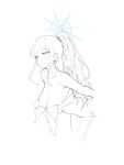  1girl bare_shoulders blue_archive blue_halo blush breasts collarbone dress greyscale halo highres monochrome official_alternate_costume ponytail saori_(blue_archive) saori_(dress)_(blue_archive) simple_background sketch solo sukaliya unfinished upper_body white_dress 