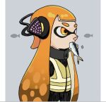  1girl agent_3_(splatoon) anna_gomesi fish food_in_mouth grey_background high-visibility_vest inkling inkling_girl inkling_player_character long_hair looking_ahead orange_eyes orange_hair pillarboxed simple_background solo splatoon_(series) standing tentacle_hair thick_eyebrows 