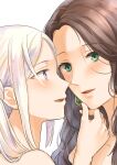  2girls blush brown_hair collarbone dorothea_arnault earrings edelgard_von_hresvelg eye_contact fire_emblem fire_emblem:_three_houses fukuroumori green_eyes highres imminent_kiss jewelry long_hair looking_at_another multiple_girls open_mouth portrait purple_eyes shiny shiny_hair silver_hair yuri 