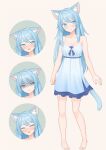  1girl :d absurdres animal_ear_fluff animal_ears barefoot blue_dress blue_eyes blue_hair breasts cat_ears cat_girl cat_tail dress ears_down embarrassed expressions frown full_body highres large_breasts long_hair mao_lian_(nekokao) open_mouth original shaded_face short_dress simple_background sleeveless sleeveless_dress smile standing tail 