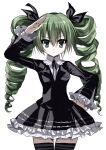  1girl black_dress closed_mouth dark_angel_(module) dress drill_hair frilled_dress frilled_shirt_collar frilled_sleeves frills green_eyes green_hair hair_ribbon hand_on_own_hip hatsune_miku highres himitsu_keisatsu_(vocaloid) kasukasugom1 long_sleeves looking_at_viewer neck_ribbon project_diva_(series) ribbon salute solo thighhighs twin_drills vocaloid white_background 