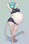 anthro big_breasts blue_eyes blue_hair bottomwear breasts choker clothed clothing felid feline female fur hair hands_behind_head hi_res jewelry mammal multicolored_body multicolored_fur necklace nipple_outline odisia pregnant shorts solo tail tan_body tan_fur topwear white_body white_fur