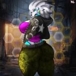 absurd_res anthro big_breasts big_butt blue_eyes bottomwear bovid breasts butt caprine clothing female hair hi_res jacket kindred_(lol) lamb_(lol) league_of_legends mammal pants riot_games sheep shirt solo tattoo topwear white_body white_hair zak_hitsuji