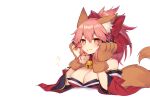  animal_ears bell blush bow breasts cat_smile cleavage collar fang fate/grand_order fate_(series) foxgirl gloves japanese_clothes kimono long_hair muryou no_bra pink_hair ponytail tail tamamo_cat tamamo_no_mae_(fate) white yellow_eyes 