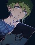  1boy amami_rantarou bangs black_background collarbone commentary_request danganronpa_(series) danganronpa_v3:_killing_harmony ear_piercing earrings from_below green_eyes green_hair grgrton hair_between_eyes hand_on_own_chin hand_up holding jewelry male_focus necklace notepad piercing ring shirt short_hair solo striped striped_shirt thumb_ring upper_body 