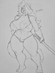 2024 3:4 4_toes anthro areola areola_slip big_breasts bra breasts camel_toe canid canine canis claws clothing crotch_tuft d3_l4_souza domestic_dog feet female genitals hachimitsu hair hair_over_eye holding_object holding_sword holding_weapon long_hair mammal melee_weapon midriff monochrome navel nipple_outline one_eye_obstructed panties pubes pussy scar solo standing sword tail thick_thighs toe_claws toes traditional_media_(artwork) tuft underwear weapon wide_hips