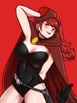  1girl anna_(fire_emblem) anna_(fire_emblem)_(cosplay) beret black_choker black_leotard blush breasts cape choker cosplay fire_emblem fire_emblem_warriors gloves hat high_heels highres leotard long_hair medium_breasts mnejing30 open_mouth persona persona_5 red_background red_cape red_eyes red_gloves red_hair red_hat sheath solo teeth upper_teeth_only yoshizawa_sumire 