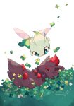  artist_name celebi closed_eyes colored_skin commentary_request fairy_wings floating green_eyes green_skin grey_fur hanabusaoekaki highres lying no_humans on_back on_grass open_mouth pokemon pokemon_(creature) simple_background white_background wings zorua 