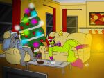  4:3 canid canine christmas christmas_clothing christmas_headwear christmas_lights christmas_tree clothing cookie doggettdouglasmcdog duo eyes_closed fireplace food fox gift hat headgear headwear hi_res holidays laugh male mammal mephitid milk ornaments plant santa_hat skunk snow snowing tree 