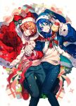  2boys ace_trappola arm_up blue_hair blush christmas deuce_spade fur-trimmed_hood fur_trim gift green_eyes hair_between_eyes happy highres holding_hands hood looking_at_viewer male_focus multiple_boys multiple_hairpins onko orange_hair pants pink_ribbon plaid red_eyes ribbed_sweater ribbon short_hair smile sparkle standing standing_on_one_leg star_(symbol) sweater twisted_wonderland white_sweater 