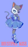  1girl :d black_fur blood blood_on_clothes blood_splatter blue_background blue_bow blue_bowtie blue_dress blue_footwear boots bow bowtie cat_girl dress english_text frilled_dress frilled_sleeves frills furry furry_female green_eyes hand_on_own_chin high_heel_boots high_heels highres mask odd_taxi omochiutyu one_eye_closed puffy_short_sleeves puffy_sleeves short_sleeves smile wadagaki_sakura when_you_see_it 