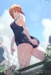  1girl absurdres ahoge ass blue_one-piece_swimsuit blue_sky blush breasts chain-link_fence cloud fence highres hololive hololive_dev_is ichijou_ririka inuinuo_gataken large_breasts long_hair looking_at_viewer one-piece_swimsuit orange_eyes orange_hair sideboob sky solo swimsuit tongue tongue_out virtual_youtuber 