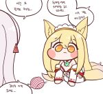  2girls :3 animal_ears black_lilith blonde_hair blush_stickers breasts bulga chibi fox_ears fox_girl hakama heavenly_hirume japanese_clothes korean_text last_origin magatama maid_headdress minigirl multiple_girls multiple_tails out_of_frame simple_background tail white_background yarn yarn_ball yellow_eyes 