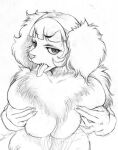 bangs big_breasts breasts canid canine female fur graphite_(artwork) hair holding_breast looking_at_viewer mammal marudi multi_breast nude pencil_(artwork) simple_background solo tongue tongue_out traditional_media_(artwork) white_background