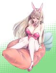  1girl animal_ears bare_shoulders ben-day_dots bow bowtie breasts carrot cleavage detached_collar goddess_of_victory:_nikke green_background highres horns large_breasts leotard light_brown_hair long_hair looking_at_viewer oku_hideki pantyhose pillow pink_horns playboy_bunny rabbit_ears red_bow red_bowtie red_eyes red_leotard screentones solo strapless strapless_leotard two-tone_background viper_(nikke) white_background white_pantyhose wrist_cuffs 