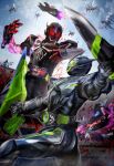  2boys blood clenched_hands cloud dual_wielding fighting helmet highres holding holding_sword holding_weapon kamen_rider kamen_rider_01_(series) kamen_rider_eden kamen_rider_zero-one masukudo_(hamamoto_hikaru) metalcluster_hopper multiple_boys open_hands power_armor red_eyes robot severed_arm severed_limb sky sword tokusatsu weapon yellow_eyes 