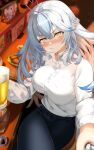  1girl ahoge alternate_costume beer_mug blue_hair blurry blurry_background blush breasts crossed_legs cup drunk heart heart_ahoge highres hololive large_breasts long_hair mug pointy_ears restaurant shirt takotobuta virtual_youtuber white_shirt yellow_eyes yukihana_lamy 