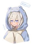  1girl animal_ear_hood animal_ears animal_hood blue_eyes blue_hoodie collarbone commentary_request fake_animal_ears grey_hair grey_shirt hair_between_eyes highres hood hood_up hoodie horse_ears horse_girl long_hair mocha_(mochaxgm) shirt simple_background solo tamamo_cross_(umamusume) translation_request umamusume white_background 