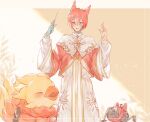  1boy alpha_(ff14) alternate_costume blush bow chocobo closed_eyes crystal_exarch final_fantasy final_fantasy_xiv g&#039;raha_tia hands_up holding long_sleeves male_focus material_growth omega_(final_fantasy) red_bow red_eyes red_hair robe short_hair smile tladpwl03 white_robe 