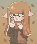  1girl anna_gomesi autumn_leaves black_sweater brown_background brown_hair brown_scarf commentary_request falling_leaves gradient_background inkling inkling_girl inkling_player_character leaf long_hair pointy_ears scarf simple_background sleeves_past_wrists solo splatoon_(series) sweater tentacle_hair upper_body yellow_eyes 