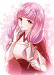  1girl black_eyes capelet commentary_request fire_emblem fire_emblem_fates hand_on_own_face highres holding holding_pen medium_bangs mitama_(fire_emblem) open_mouth pen pink_background pink_hair red_capelet solo star-shaped_pupils star_(symbol) symbol-shaped_pupils two-tone_background upper_body white_background white_sleeves yutohiroya 