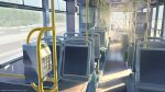  absurdres artist_name bus_interior day english_commentary english_text fire_extinguisher highres no_humans original plant road scenery seat shade sky sunlight tree xiaoke 