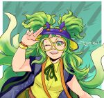  1girl artist_name blonde_hair bracelet breasts commentary dislyte fumitsuki_(kaguya-hime)_(dislyte) glasses gradient_hair green_eyes green_hair highres jewelry long_hair medium_breasts mercuriika multicolored_hair one_eye_closed open_mouth purple_hat round_eyewear signature smile solo two_side_up upper_body very_long_hair vest 