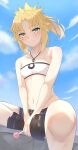  1girl bandeau belt blonde_hair blue_sky blush braid breasts candy denim denim_shorts fate/grand_order fate_(series) food green_eyes highres jewelry lollipop looking_at_viewer midriff mordred_(fate) mordred_(memories_at_trifas)_(fate) navel necklace ponytail shorts sitting sky small_breasts smile solo umi_endu 