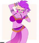 bandage bandage_on_face bandaged_head belly_dancer_outfit bra brawl_stars clothing dancing dsmnup ear_piercing emz_(brawl_stars) female hair hi_res humanoid humanoid_pointy_ears looking_at_viewer navel piercing purple_body purple_hair signature solo supercell_(company) undead underwear zombie