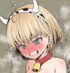  1girl bell blonde_hair blue_eyes blush clenched_teeth copyright_request cow_horns cowbell crying crying_with_eyes_open fake_horns hairband horns looking_down mamerakkkkko neck_bell nude reward_available short_hair solo steaming_body sweat tears teeth upper_body 
