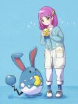  1girl azumarill closed_mouth coat hair_ornament hairclip highres holding lacey_(pokemon) long_sleeves pants pink_hair pokemon pokemon_(creature) pokemon_sv saki_pokeoekaki shirt shoes smile tail white_shirt yellow_eyes 