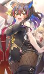  2girls bare_shoulders black_shirt black_shorts blue_hair blurry blurry_background blush boots breasts brown_eyes brown_hair coat cowboy_shot daitaku_helios_(joyful_jamboree!)_(umamusume) daitaku_helios_(umamusume) facial_mark fishnet_pantyhose fishnets from_below gold_city_(umamusume) hat heart heart_facial_mark highres holding holding_clothes horse_girl long_hair looking_at_viewer medium_breasts mini_hat mini_top_hat multicolored_hair multiple_girls official_alternate_costume pantyhose pink_hair red_coat red_hair shirt shorts sleepy star_(symbol) star_facial_mark strapless strapless_shirt streaked_hair thigh_boots top_hat ugura_(ugurax) umamusume unworn_coat 