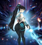  1girl ass black_hair blunt_bangs bodysuit breasts brown_eyes electricity eve_(stellar_blade) from_behind gloves highres holding holding_sword holding_weapon long_hair looking_at_viewer looking_back medium_breasts multicolored_bodysuit multicolored_clothes ponytail r3dfive skin_tight solo stellar_blade sword thighs tight_clothes very_long_hair weapon 