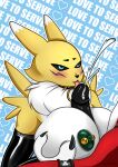  anthro breasts clothing digimon digimon_(species) duo ejaculation female genitals gloves green_nipples handwear hi_res latex_gloves licking male male/female nipple_piercing nipples oral penile penis penis_lick piercing renamon self_grope sex size-queen-sedgewick text text_background titfuck tongue tongue_out 