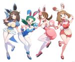  4girls absurdres alternate_costume animal_ear_headwear animal_ears apron azumarill azumarill_(cosplay) bare_shoulders blue_gloves blue_leotard breasts brown_eyes brown_hair choker cleavage collarbone commentary_request contrapposto cosplay covered_collarbone covered_navel cowboy_shot cropped_legs egg fake_animal_ears fake_tail frills full_body gloves gonzarez green_eyes green_hair grey_eyes hairband highres holding holding_egg horns kris_(pokemon) large_breasts leaf_(pokemon) leotard long_hair long_sleeves looking_at_viewer low_neckline lyra_(pokemon) maid may_(pokemon) medium_breasts multiple_girls nidoqueen nidoqueen_(cosplay) open_mouth outstretched_arms pantyhose playboy_bunny pokemon pokemon_egg pokemon_frlg pokemon_gsc pokemon_hgss pokemon_rse puffy_short_sleeves puffy_sleeves short_sleeves simple_background single_horn solo spiked_hairband spikes spinda spinda_(cosplay) strapless strapless_leotard tail thigh_gap waist_apron white_background white_leotard white_pantyhose wide_hips wigglytuff wigglytuff_(cosplay) wristband 