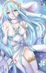  1girl azura_(fire_emblem) blue_hair blush breasts dress elbow_gloves fingerless_gloves fire_emblem fire_emblem_fates gloves hair_between_eyes highres jewelry kirishima_riona long_hair looking_at_viewer open_mouth simple_background smile solo veil very_long_hair white_dress yellow_eyes 