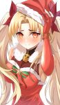 1girl alternate_costume blonde_hair blush bow breasts dress elbow_gloves ereshkigal_(fate) fate/grand_order fate_(series) gloves hair_bow hair_ribbon hat highres jewelry long_hair looking_at_viewer medium_breasts necklace parted_bangs red_eyes red_ribbon ribbon santa_hat skull_necklace smile solo two_side_up umi_endu very_long_hair 
