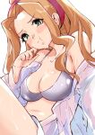  1girl :t bare_shoulders bikini black_bikini blush breasts brown_hair cleavage closed_mouth collarbone dot_nose eyelashes green_eyes hair_over_shoulder hairband hand_on_own_cheek hand_on_own_face head_tilt high_ponytail idolmaster idolmaster_million_live! idolmaster_million_live!_theater_days large_breasts long_hair looking_at_viewer mitogawawataru nikaidou_chizuru open_clothes open_shirt red_hairband shirt sidelocks signature simple_background sitting solo sulking swimsuit thighs upper_body wavy_hair wet white_background white_shirt 