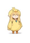  :3 =_= blonde_hair chibi chicken_costume cosplay elf full_body hair_tubes highres hiyoko-chan hiyoko-chan_(cosplay) jewelry long_hair low-tied_sidelocks nissin pendant pointy_ears se-u-ra serie_(sousou_no_frieren) sidelocks simple_background solo sousou_no_frieren standing white_background 