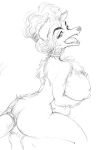 anthro areola big_breasts biped breasts canid canine chest_tuft collar female fur graphite_(artwork) greyscale hair kneeling looking_back mammal marudi monochrome multi_breast nipples nude open_mouth pencil_(artwork) rear_view sketch solo tongue traditional_media_(artwork) tuft