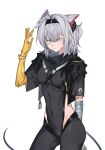  1girl animal_ears arknights black_bodysuit black_hairband bodysuit breasts chest_harness closed_mouth clothing_cutout commentary_request grey_hair hairband hand_up harness highres linea_alba looking_at_viewer molu_stranger mouse_ears mouse_girl mouse_tail scavenger_(arknights) scavenger_(survive)_(arknights) side_cutout simple_background skin_tight small_breasts solo tail white_background wrist_wrap yellow_eyes 