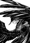  1boy absurdres armor brooch check_copyright cloak copyright_request feathered_wings from_side greyscale hat highres jewelry korean_commentary looking_at_viewer male_focus monochrome original profile short_hair sia_2dductility sideways_glance simple_background solo spread_wings wings 