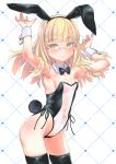  1girl animal_ears aohashi_ame armpits black_bow black_bowtie black_thighhighs blonde_hair blush bow bowtie breasts closed_mouth covered_navel fake_animal_ears fake_tail glasses heart highres leotard long_hair looking_at_viewer perrine_h._clostermann rabbit_ears rabbit_tail simple_background small_breasts smile solo strike_witches tail thighhighs world_witches_series yellow_eyes 