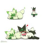 1:1 ambiguous_gender animated anthro blush bodily_fluids duo exclamation_point floragato fur generation_9_pokemon green_body green_fur heart_symbol lying meowscarada nintendo pokemon pokemon_(species) red_eyes short_playtime simple_background sleeping sweat tail tail_motion tailwag tontaro white_background