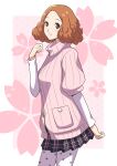 1girl absurdres arm_up border brown_eyes brown_hair closed_mouth commentary_request eyelashes floral_background highres looking_at_viewer medium_hair okumura_haru outside_border pantyhose persona persona_5 pink_background pink_sweater plaid plaid_skirt print_pantyhose ryochan96154 skirt solo standing sweater white_border white_pantyhose 