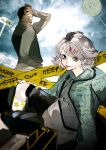  2boys briefcase business_suit caution_tape grey_hair highres hood hoodie ishida_sui looking_at_viewer multiple_boys official_art outdoors roman_numeral shinohara_yukinori shorts smile socks stitched_face stitched_neck stitches suit suzuya_juuzou tokyo_ghoul tongue tongue_out 
