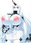  1girl abyssal_ship bangs bare_shoulders between_breasts blush breasts breasts_outside claws cleavage clothes_between_breasts colored_skin curvy dress eyebrows_visible_through_hair gigantic_breasts highres horns huge_breasts kantai_collection long_hair looking_at_viewer nerfageg nipples no_bra open_clothes pale_skin plump puffy_nipples red_eyes ribbed_dress seaport_princess sexually_suggestive short_dress single_horn solo sweater sweater_dress thick_thighs thighs very_long_hair white_hair white_skin wide_hips 